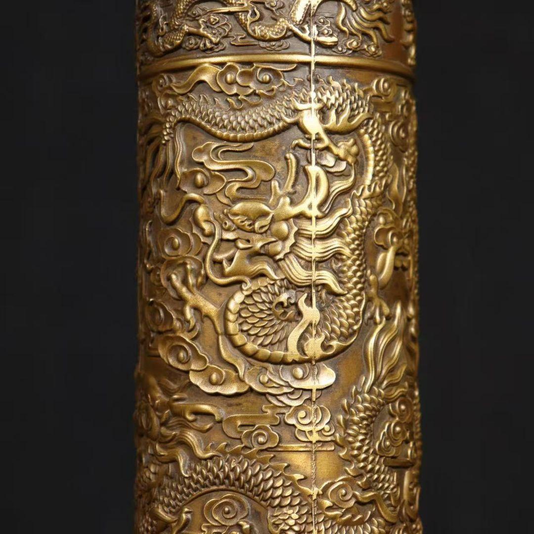 銅 細工 レリーフ九龍香筒 客間 室内 仏堂 香道具 装飾品 工芸品 置物