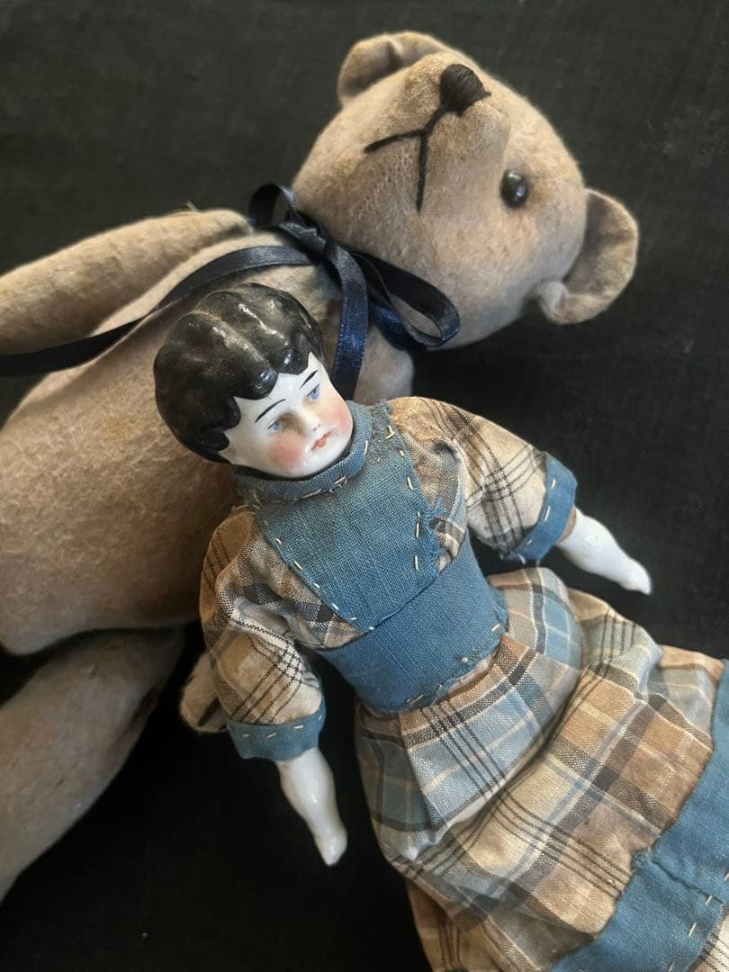 アンティークヴィンテージテディベア ぬいぐるみ陶器人形フランスレースボタンセット