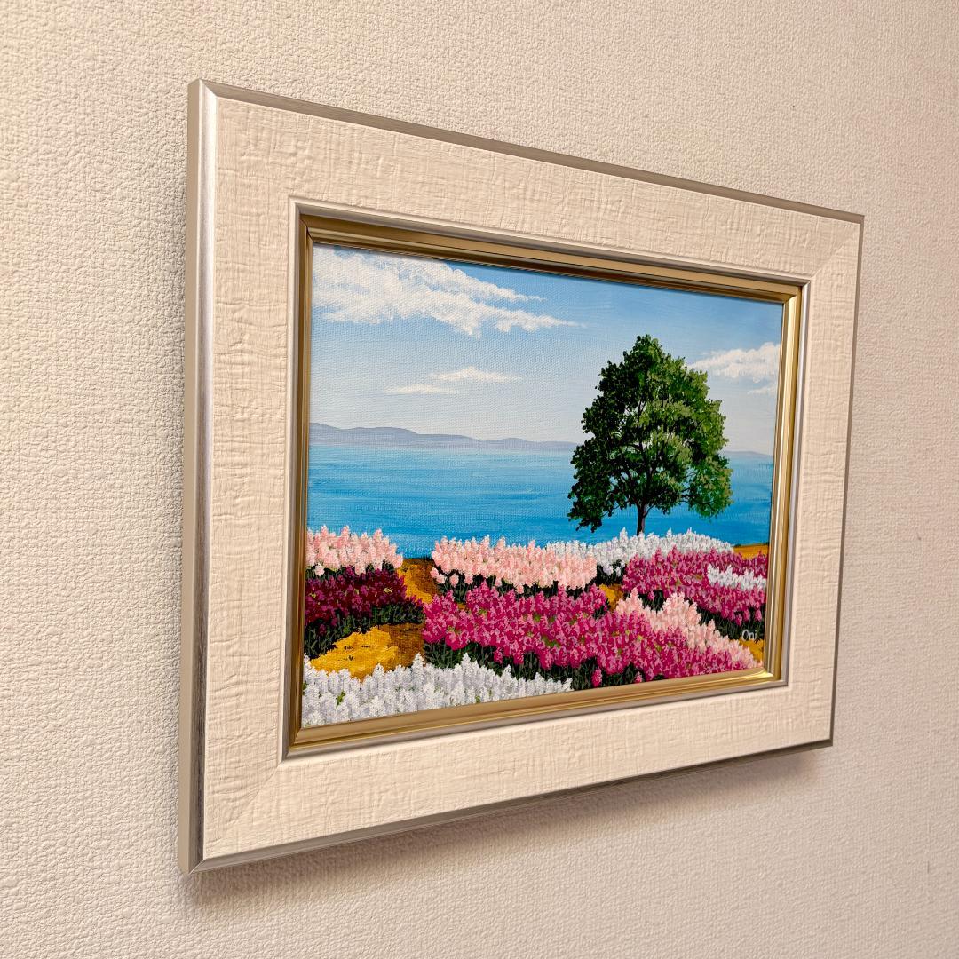 アクリル画　原画　「ストックの咲く丘」額縁付　F4サイズ　キャンバス